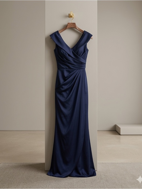 La Femme Surplice Off-Shoulder Column Gown Navy Blue 14 NWT
